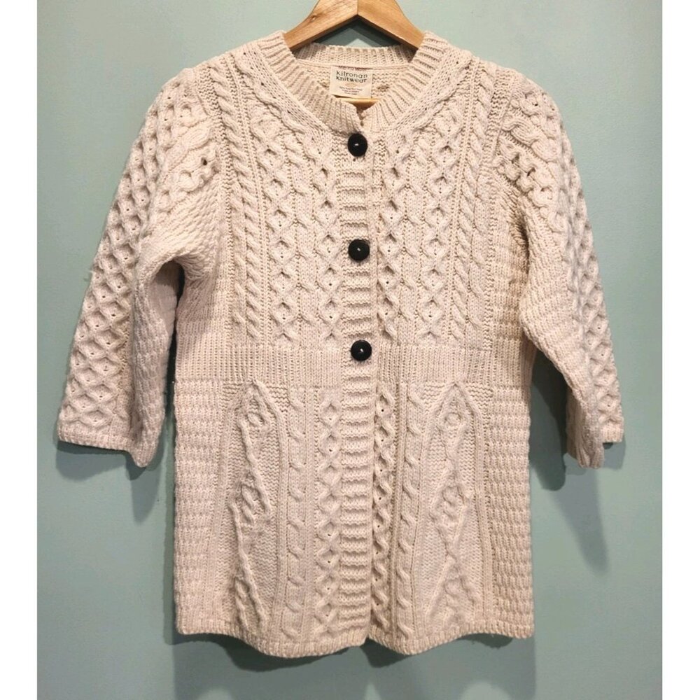 Vtg Kilronan Knitwear Ireland Ivory Wool Cableknit 3/4 Sleeve Cardigan Sweater S